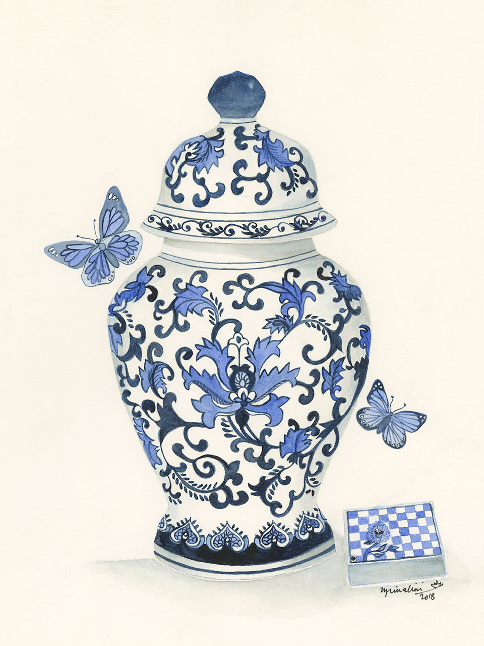 Blue and White Ginger Jar, with Butterflies and Box.